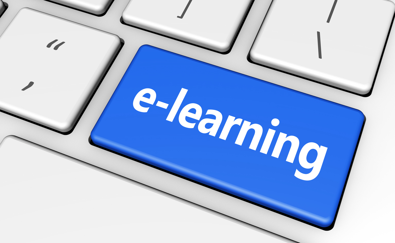 E-learning online education concept with sign and word on a blue computer key for blog, website and online business.